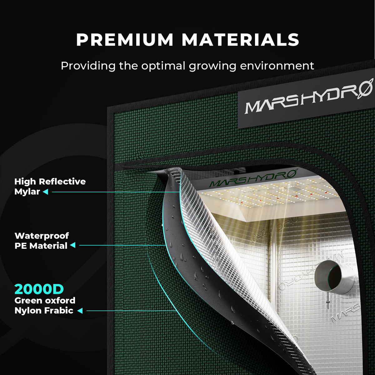 Mars Hydro Growbox Pro 120x120x200cm – Originalbild 4; Ausstattung und Anwendungsbeispiele gemäß Beschreibung