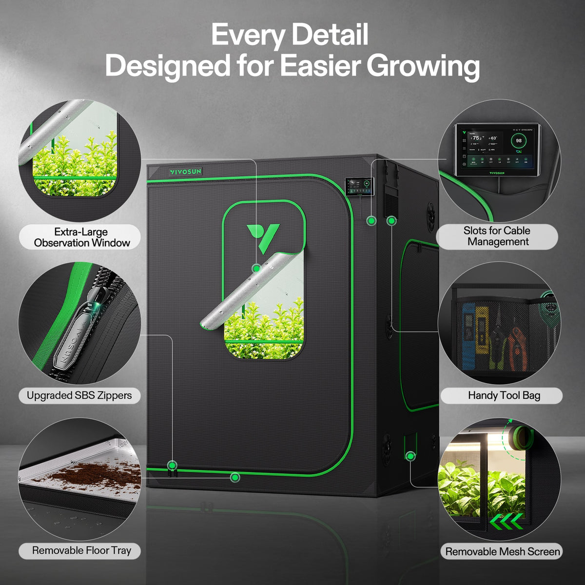 Vivosun Growbox Pro P558 150x150x200cm – Originalbild 6; Ausstattung und Anwendungsbeispiele gemäß Beschreibung