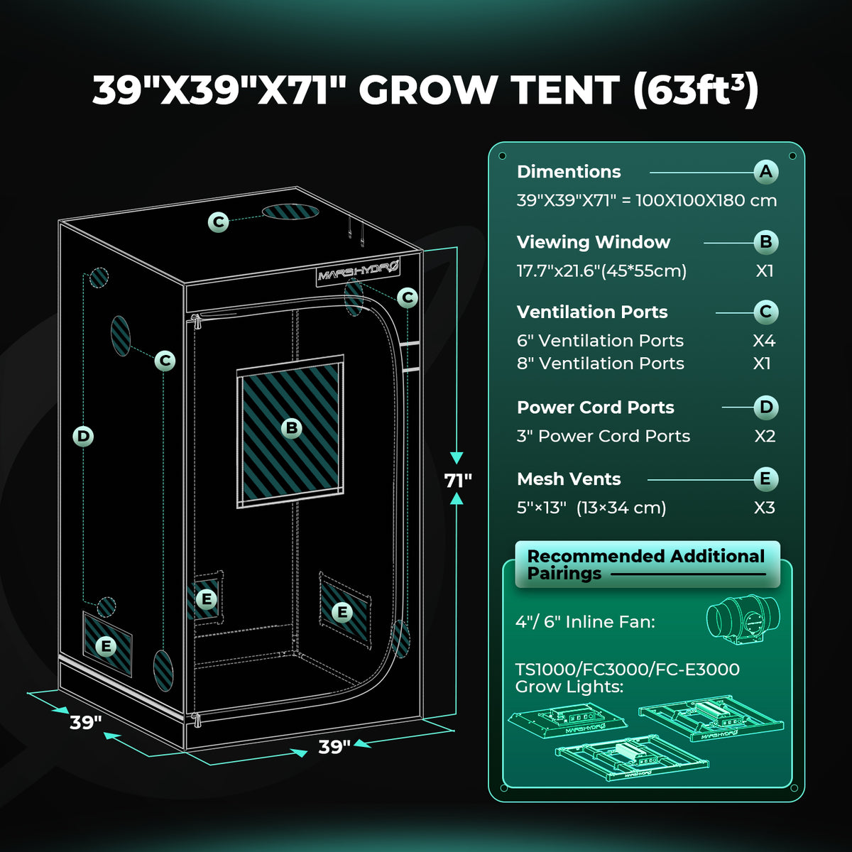 Mars Hydro Growbox Pro 100x100x180cm – Originalbild 9; Ausstattung und Anwendungsbeispiele gemäß Beschreibung