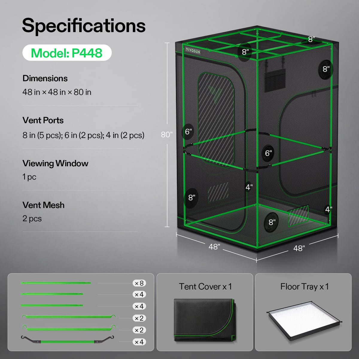 Vivosun Growbox Pro P448 120x120x200cm – Originalbild 8; Ausstattung und Anwendungsbeispiele gemäß Beschreibung