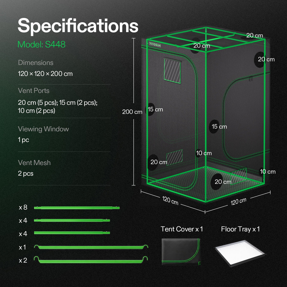 Vivosun Growbox S448 120x120x200cm – Originalbild 7; Ausstattung und Anwendungsbeispiele gemäß Beschreibung