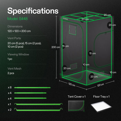 Vivosun Growbox S448 120x120x200cm – Originalbild 7; Ausstattung und Anwendungsbeispiele gemäß Beschreibung