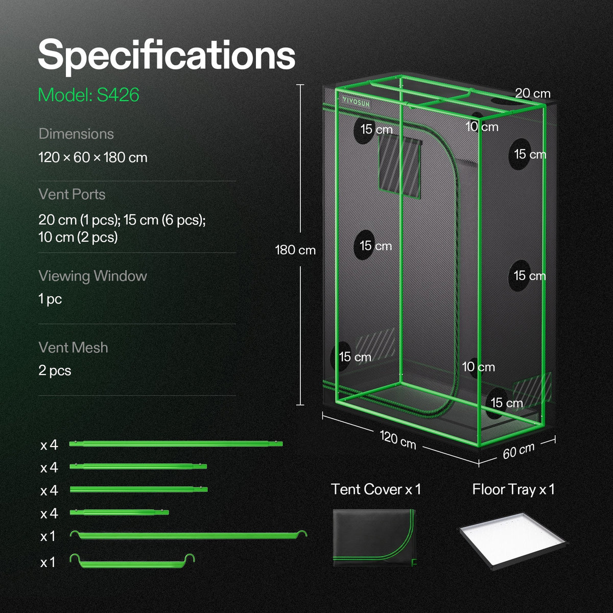 Vivosun Growbox S426 120x60x180cm – Originalbild 7; Ausstattung und Anwendungsbeispiele gemäß Beschreibung