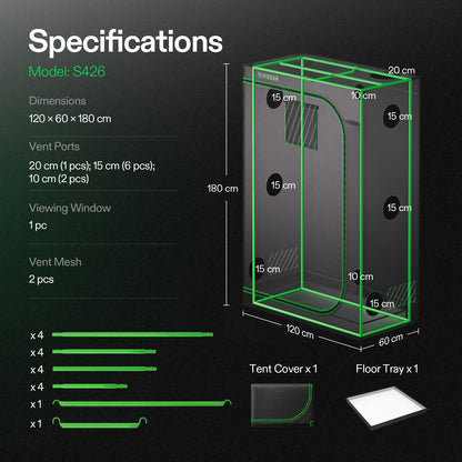 Vivosun Growbox S426 120x60x180cm – Originalbild 7; Ausstattung und Anwendungsbeispiele gemäß Beschreibung
