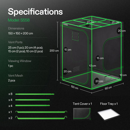 Vivosun Growbox S558 150x150x200cm – Originalbild 7; Ausstattung und Anwendungsbeispiele gemäß Beschreibung