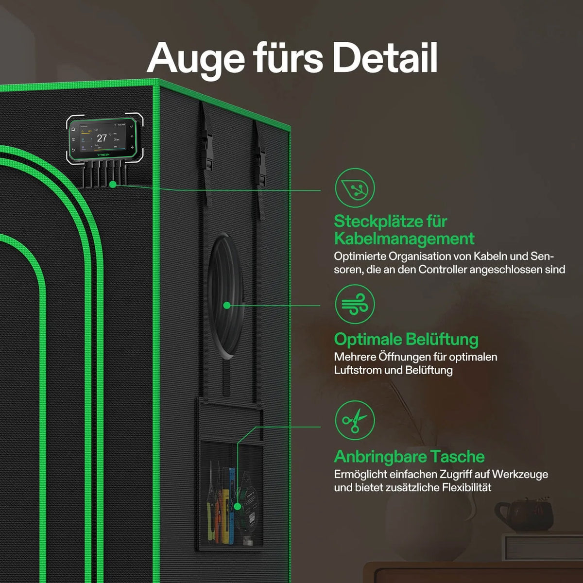 Vivosun Growbox Pro P224 Classic 60x60x120cm – Originalbild 6; Ausstattung und Anwendungsbeispiele gemäß Beschreibung