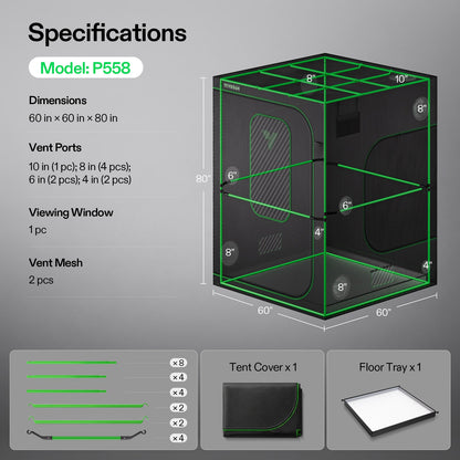 Vivosun Growbox Pro P558 150x150x200cm – Originalbild 8; Ausstattung und Anwendungsbeispiele gemäß Beschreibung