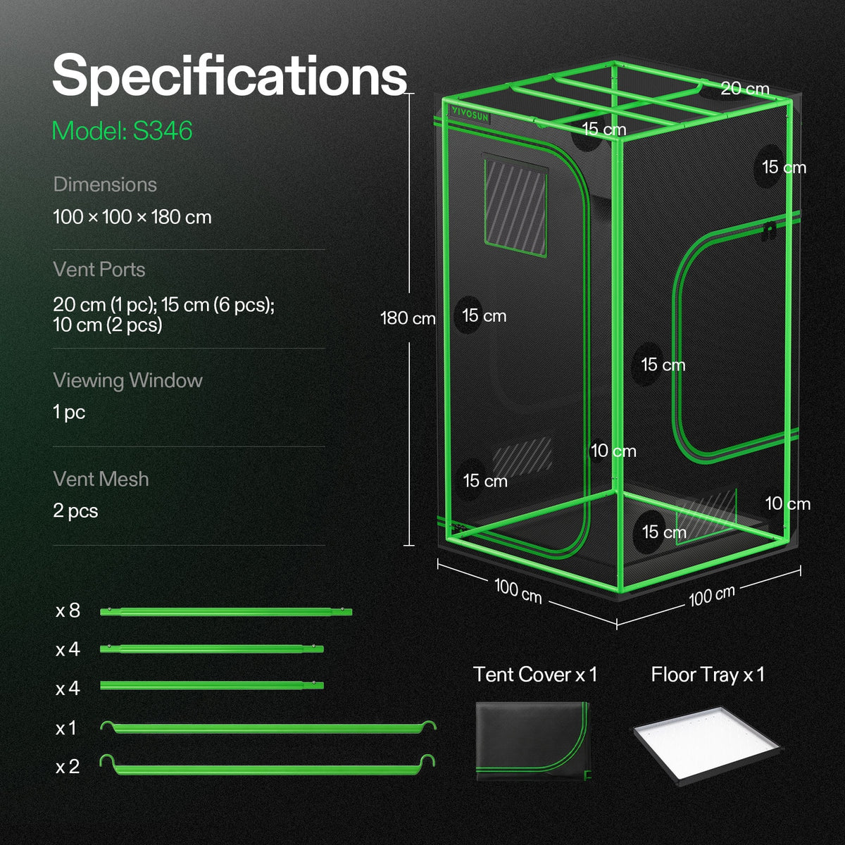 Vivosun Growbox S346 100x100x180cm – Originalbild 7; Ausstattung und Anwendungsbeispiele gemäß Beschreibung