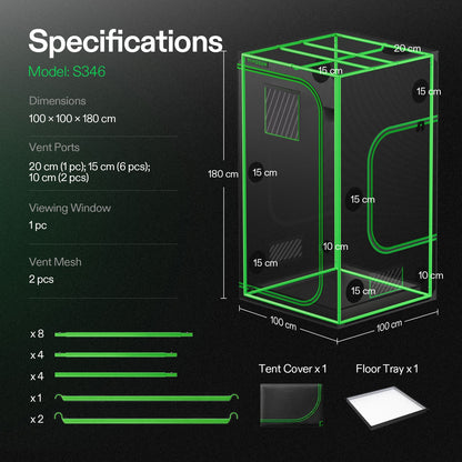 Vivosun Growbox S346 100x100x180cm – Originalbild 7; Ausstattung und Anwendungsbeispiele gemäß Beschreibung