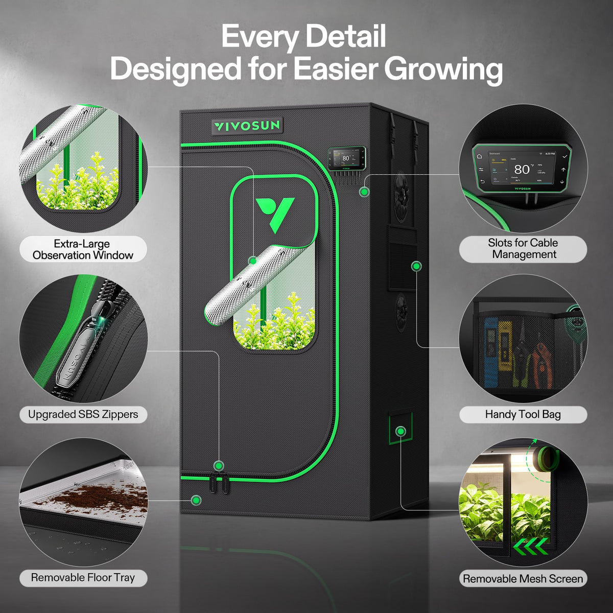 Vivosun Growbox Pro P224 60x60x120cm – Originalbild 5; Ausstattung und Anwendungsbeispiele gemäß Beschreibung
