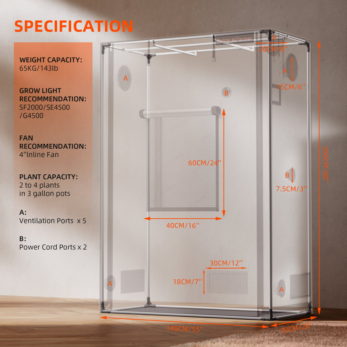 Spider Farmer Growbox Pro White 140x70x200cm – Originalbild 9; Ausstattung und Anwendungsbeispiele gemäß Beschreibung
