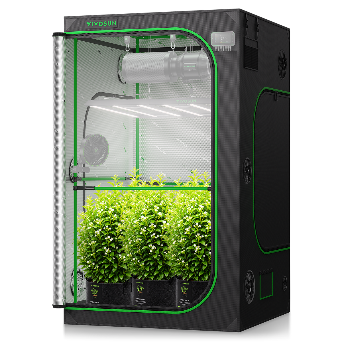 Vivosun Growbox Pro P448 120x120x200cm – Originalbild 9; Ausstattung und Anwendungsbeispiele gemäß Beschreibung