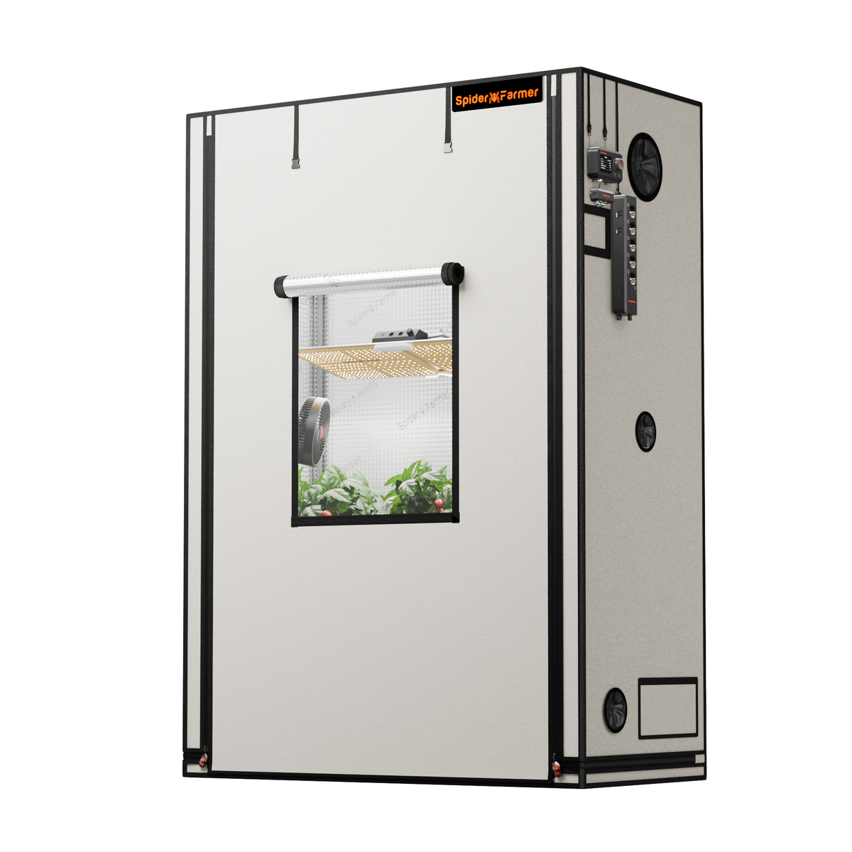 Spider Farmer Growbox Pro White 140x70x200cm – Herstelleransicht; dargestellte Technik separat