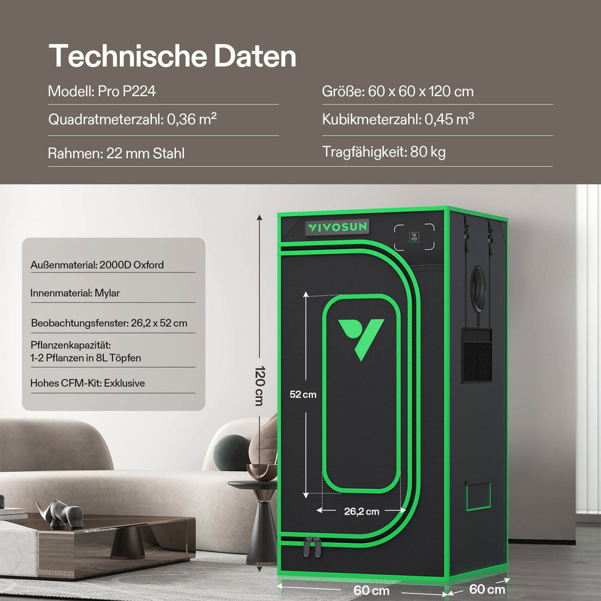 Vivosun Growbox Pro P224 Classic 60x60x120cm – Originalbild 7; Ausstattung und Anwendungsbeispiele gemäß Beschreibung
