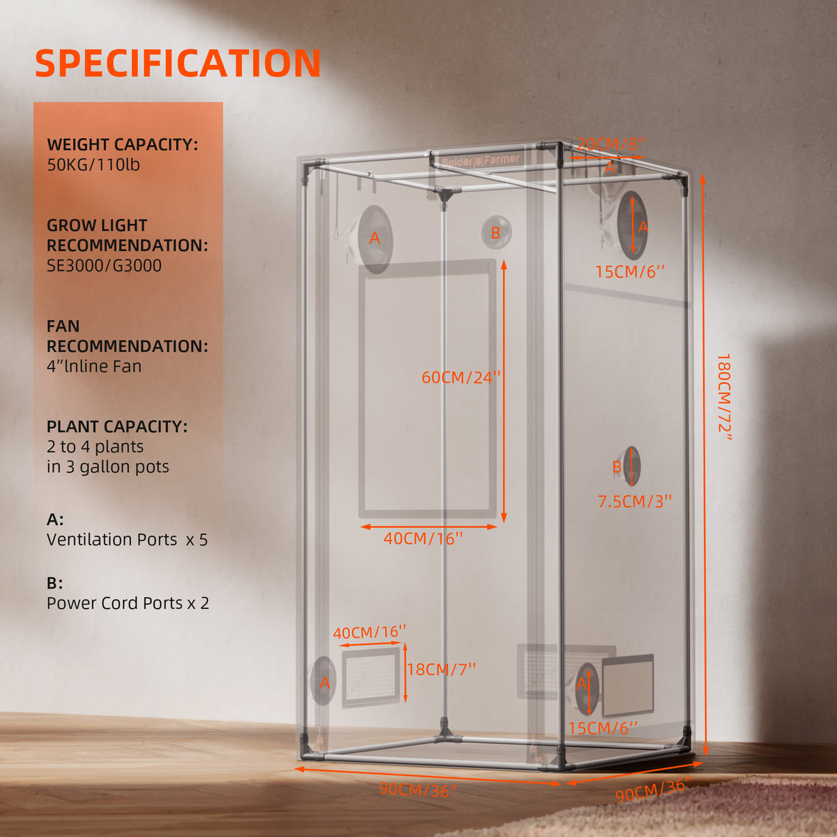 Spider Farmer Growbox Pro White 90x90x180cm – Originalbild 9; Ausstattung und Anwendungsbeispiele gemäß Beschreibung