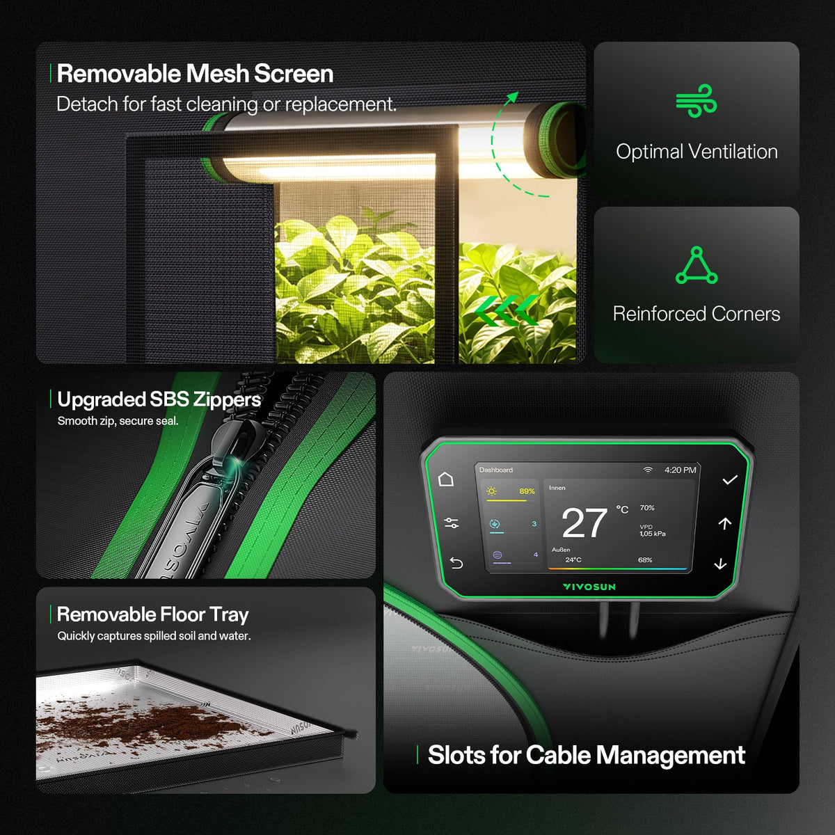 Vivosun Growbox S528 150x80x200cm – Originalbild 5; Ausstattung und Anwendungsbeispiele gemäß Beschreibung