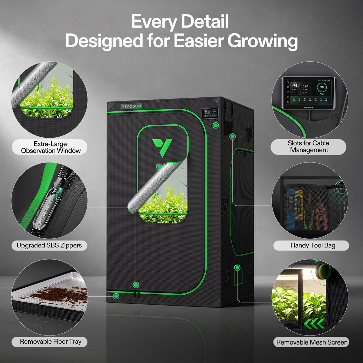Vivosun Growbox Pro P448 120x120x200cm – Originalbild 6; Ausstattung und Anwendungsbeispiele gemäß Beschreibung