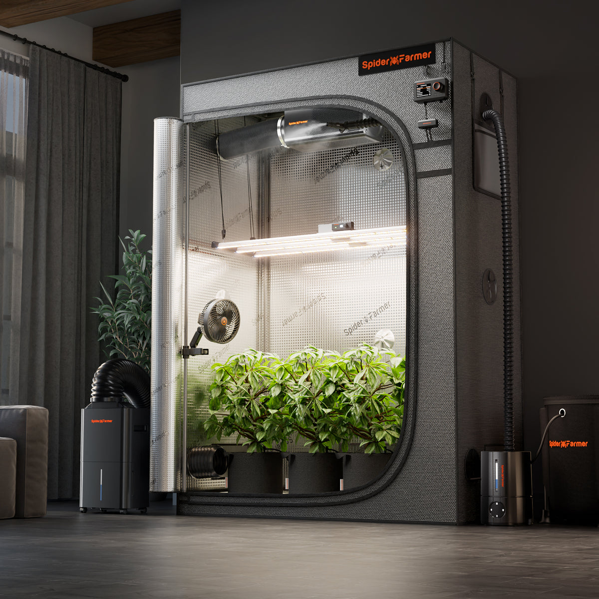 Spider Farmer Growbox Master 140x70x200cm – Originalbild 2; Ausstattung und Anwendungsbeispiele gemäß Beschreibung