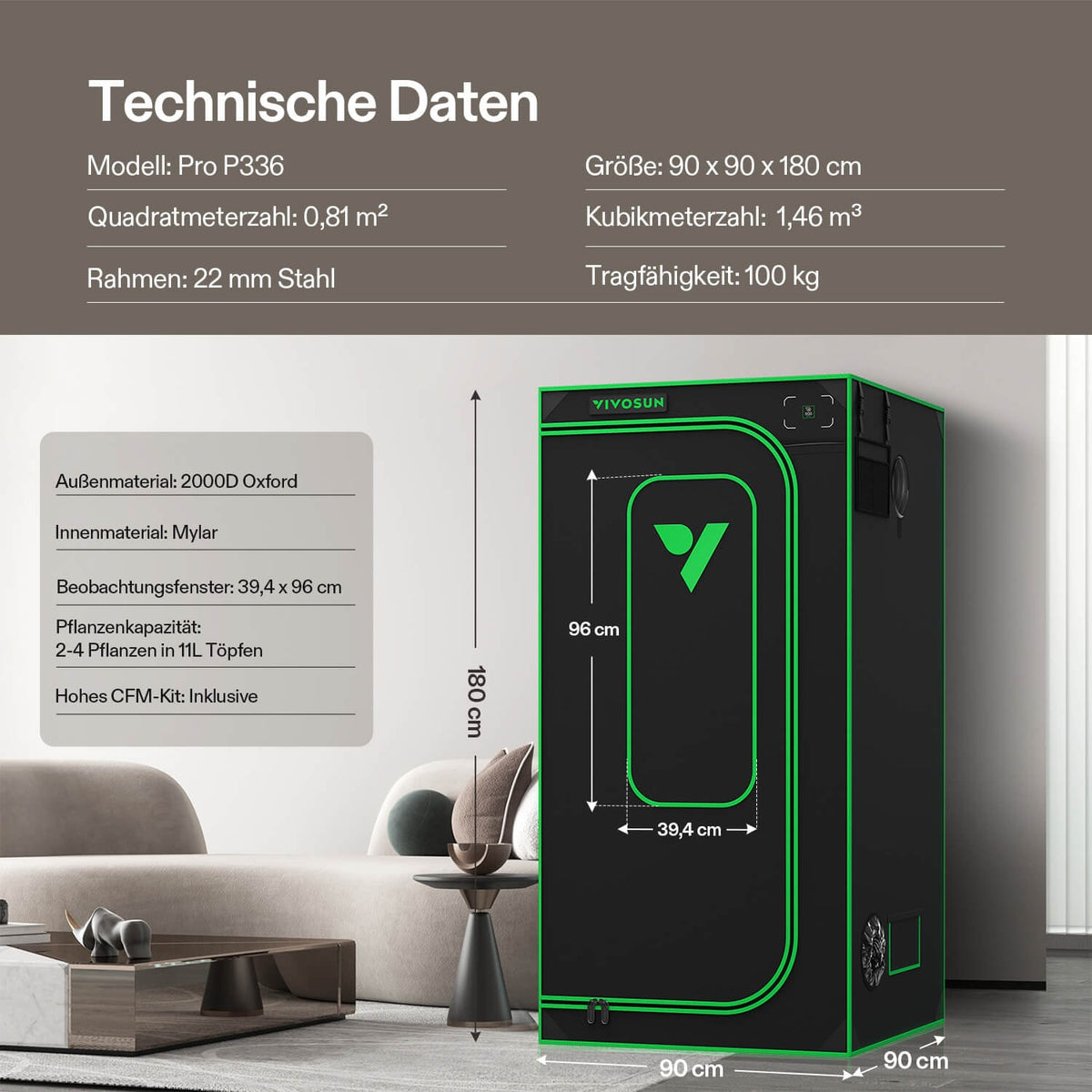 Vivosun Growbox Pro P336 Classic 90x90x180cm – Originalbild 8; Ausstattung und Anwendungsbeispiele gemäß Beschreibung