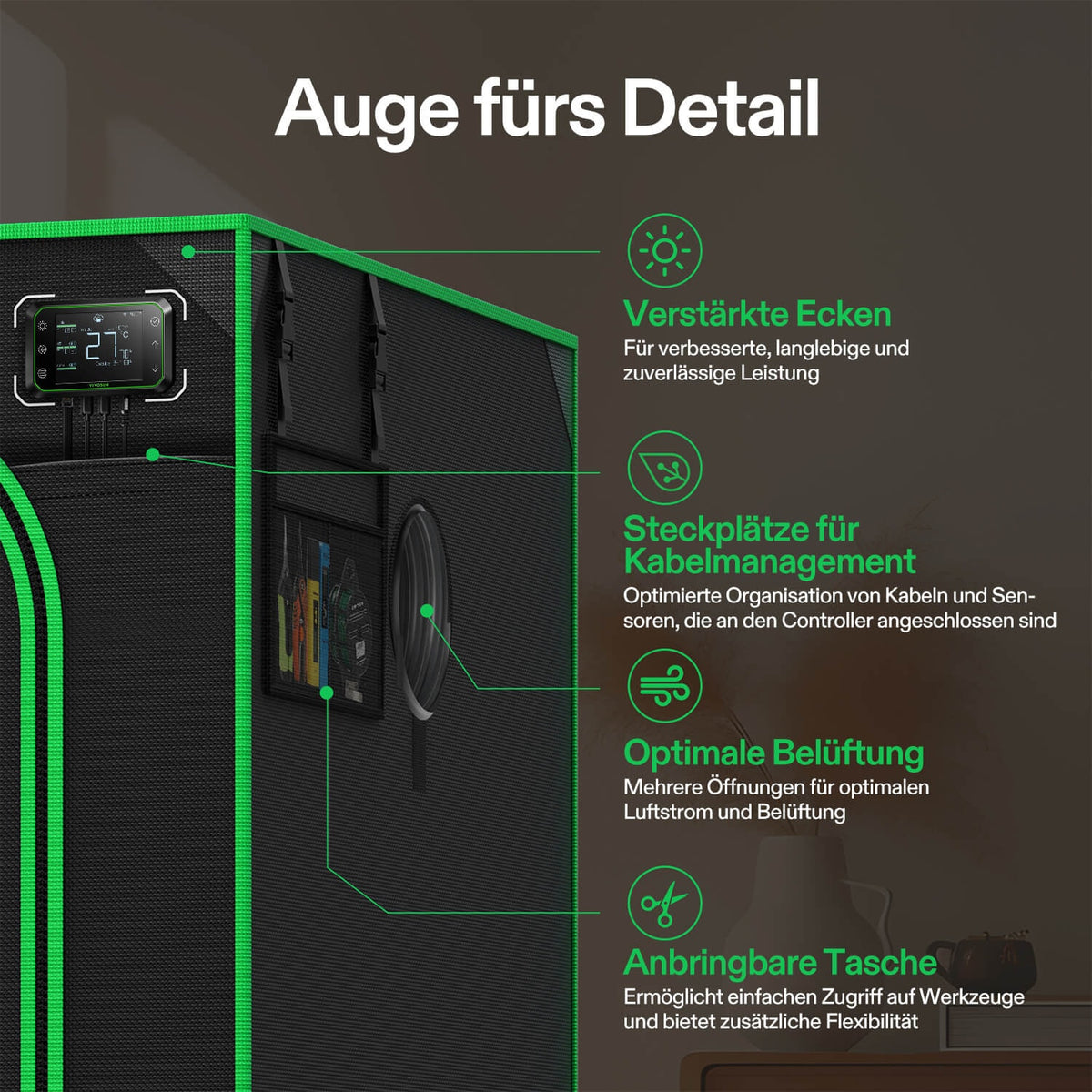 Vivosun Growbox Pro P336 Classic 90x90x180cm – Originalbild 7; Ausstattung und Anwendungsbeispiele gemäß Beschreibung
