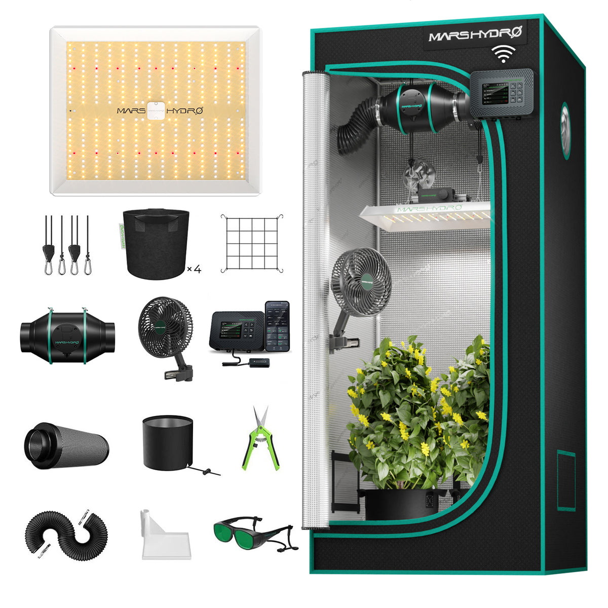 Mars Hydro TS1000 Smart Komplettset 80x80x160cm – Herstellerbild 2; Systembeispiele gemäß Lieferumfang