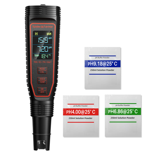 Spider Farmer 5-in-1 pH-EC-TDS-Messgerät mit Kalibrierpulver – Komplettset für präzise Wasseranalyse