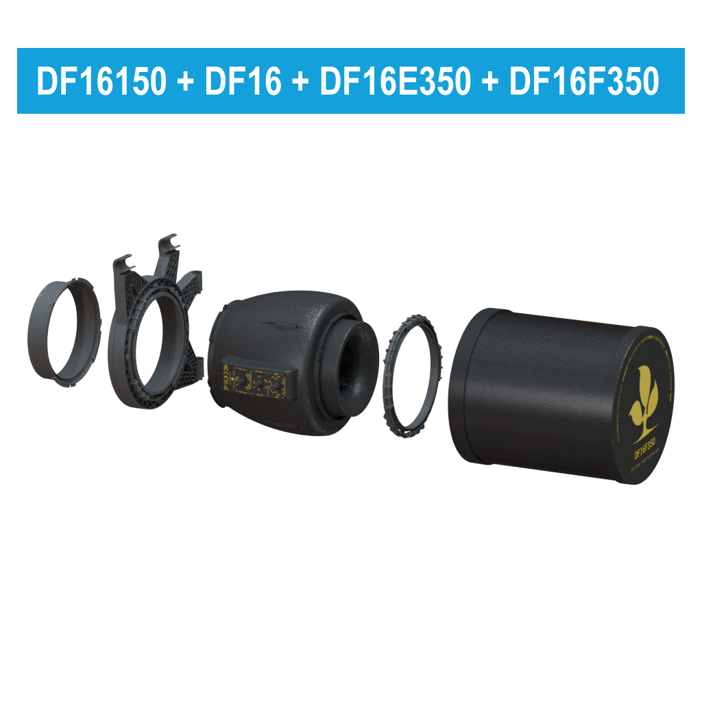 Montagebeispiel DF16E350 mit DF16F350 und Ducting Flange; Filter und Flansch separat erhältlich