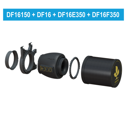 Montagebeispiel DF16E350 mit DF16F350 und Ducting Flange; Filter und Flansch separat erhältlich