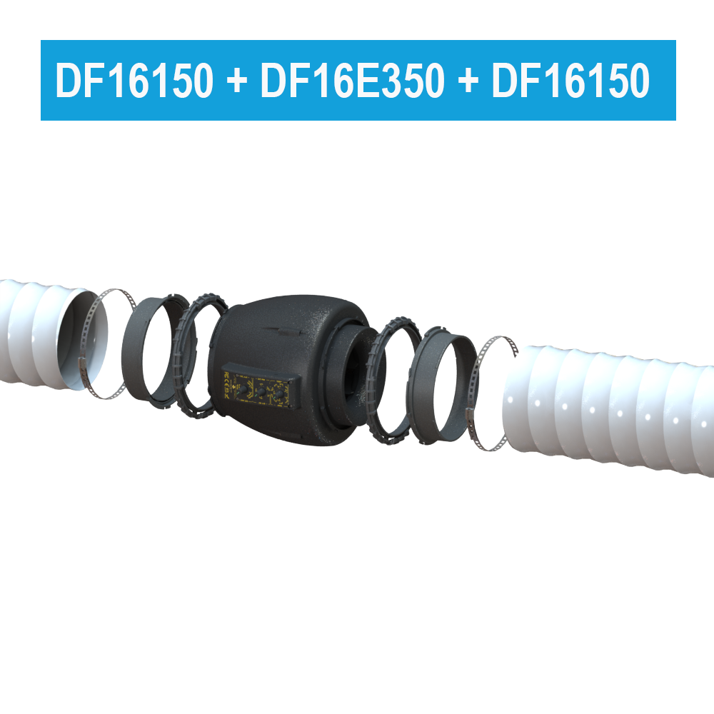 Montagebeispiel DF16E350 an 150-mm-Luftschläuchen; Adapter und Schläuche separat erhältlich