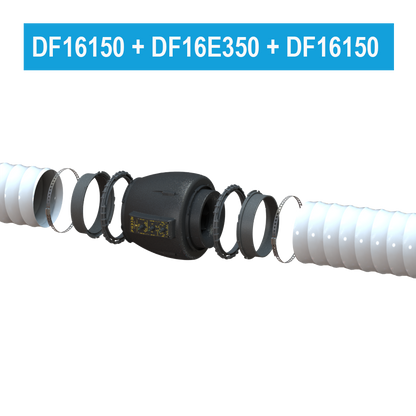 Montagebeispiel DF16E350 an 150-mm-Luftschläuchen; Adapter und Schläuche separat erhältlich