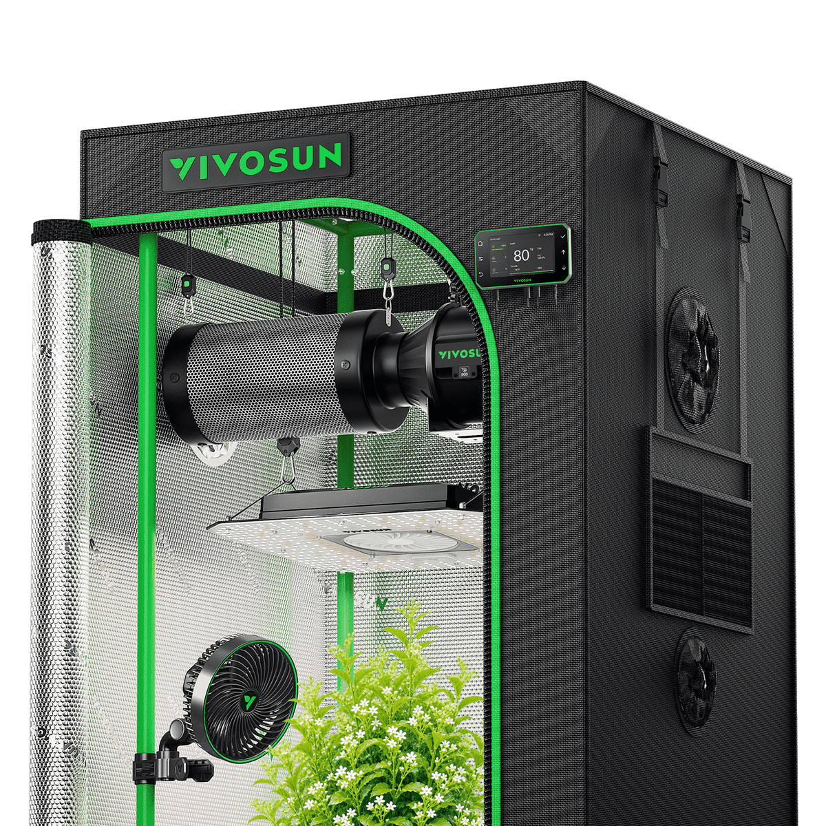Vivosun Pro G2 Growbox Komplettset 60x60x120cm 120W – Produkt- und Anwendungsansicht, Pflanzen als Beispiel