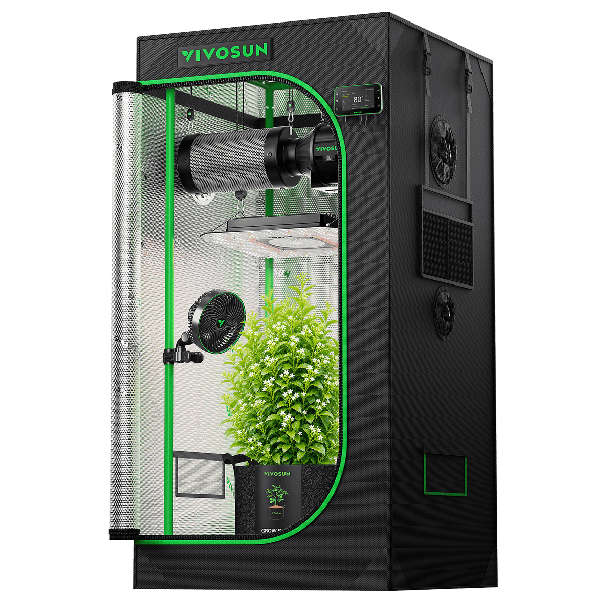 Vivosun Pro G2 Growbox Komplettset 60x60x120cm 120W – Anwendungsansicht mit Beispielpflanzen
