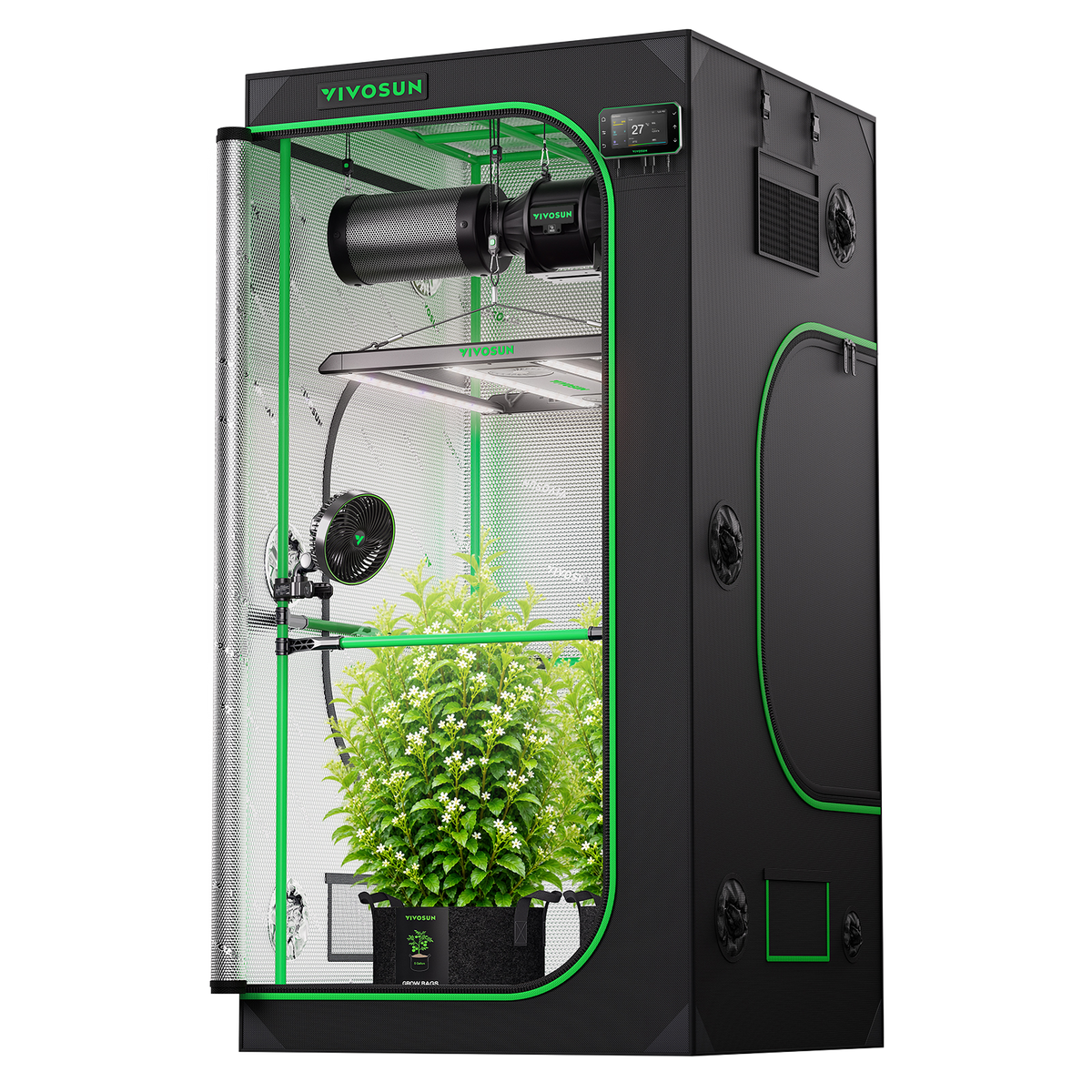 Vivosun Pro G2 Growbox Komplettset 100x100x180cm 350W – Produkt- und Anwendungsansicht, Pflanzen als Beispiel