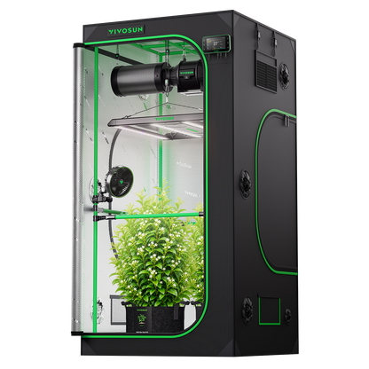 Vivosun Pro G2 Growbox Komplettset 100x100x180cm 350W – Produkt- und Anwendungsansicht, Pflanzen als Beispiel