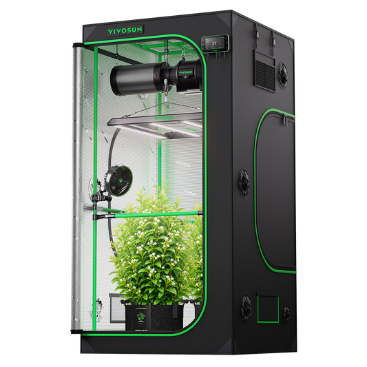 Vivosun Pro G2 Growbox Komplettset 100x100x180cm 350W – Produkt- und Anwendungsansicht, Pflanzen als Beispiel