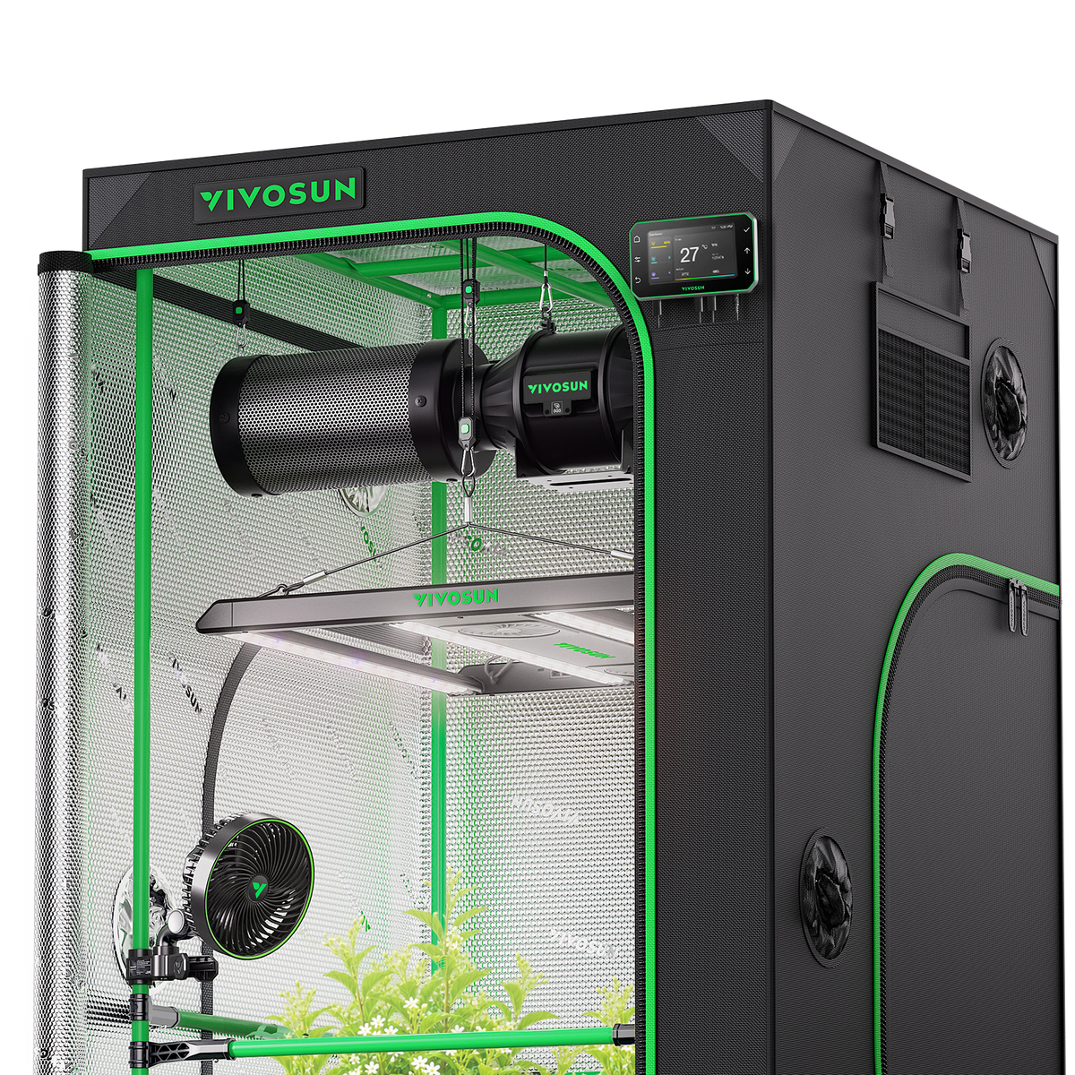 Vivosun Pro G2 Growbox Komplettset 100x100x180cm 350W – Anwendungsansicht mit Beispielpflanzen