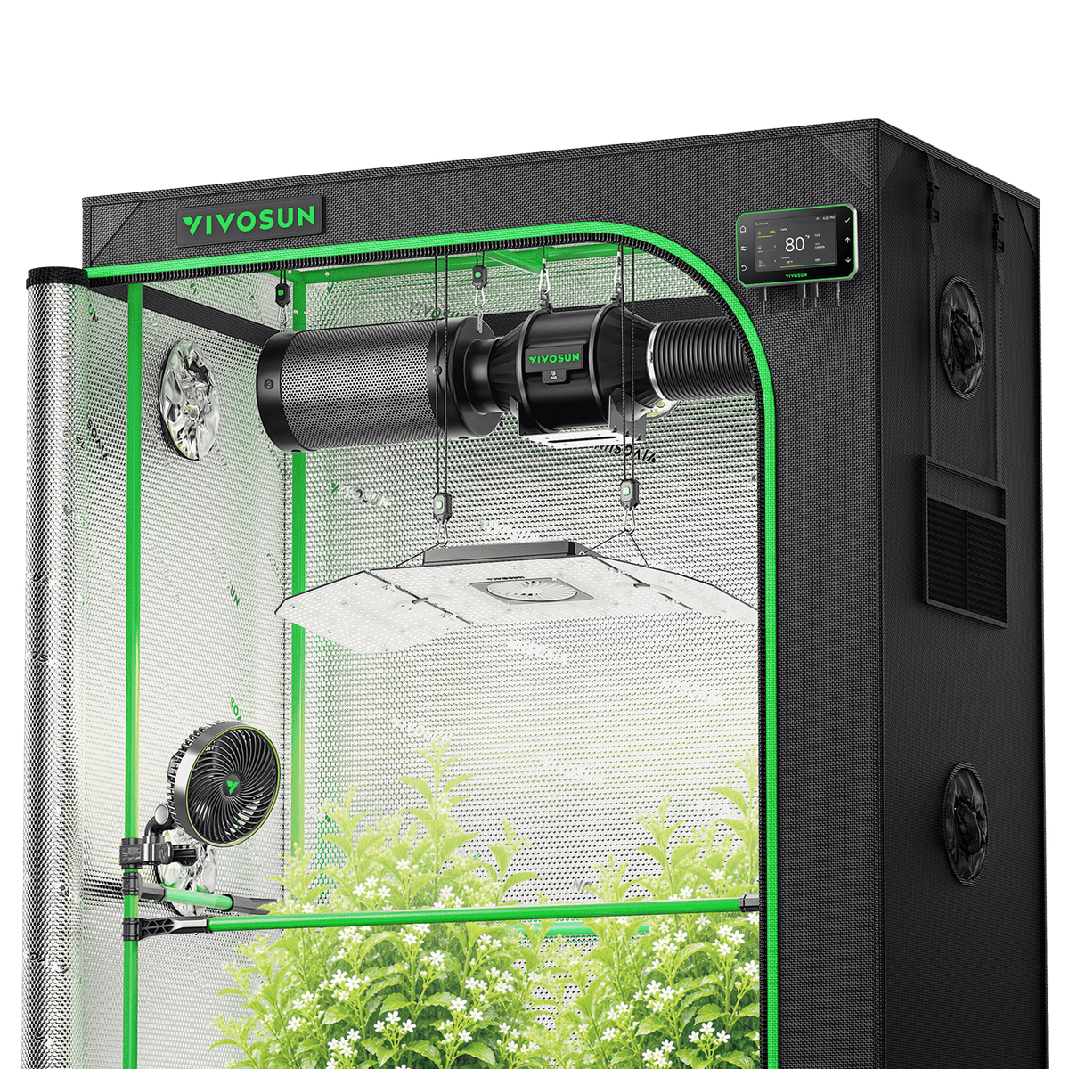Vivosun Pro G2 Growbox Komplettset 120x60x180cm 240W – Produkt- und Anwendungsansicht, Pflanzen als Beispiel