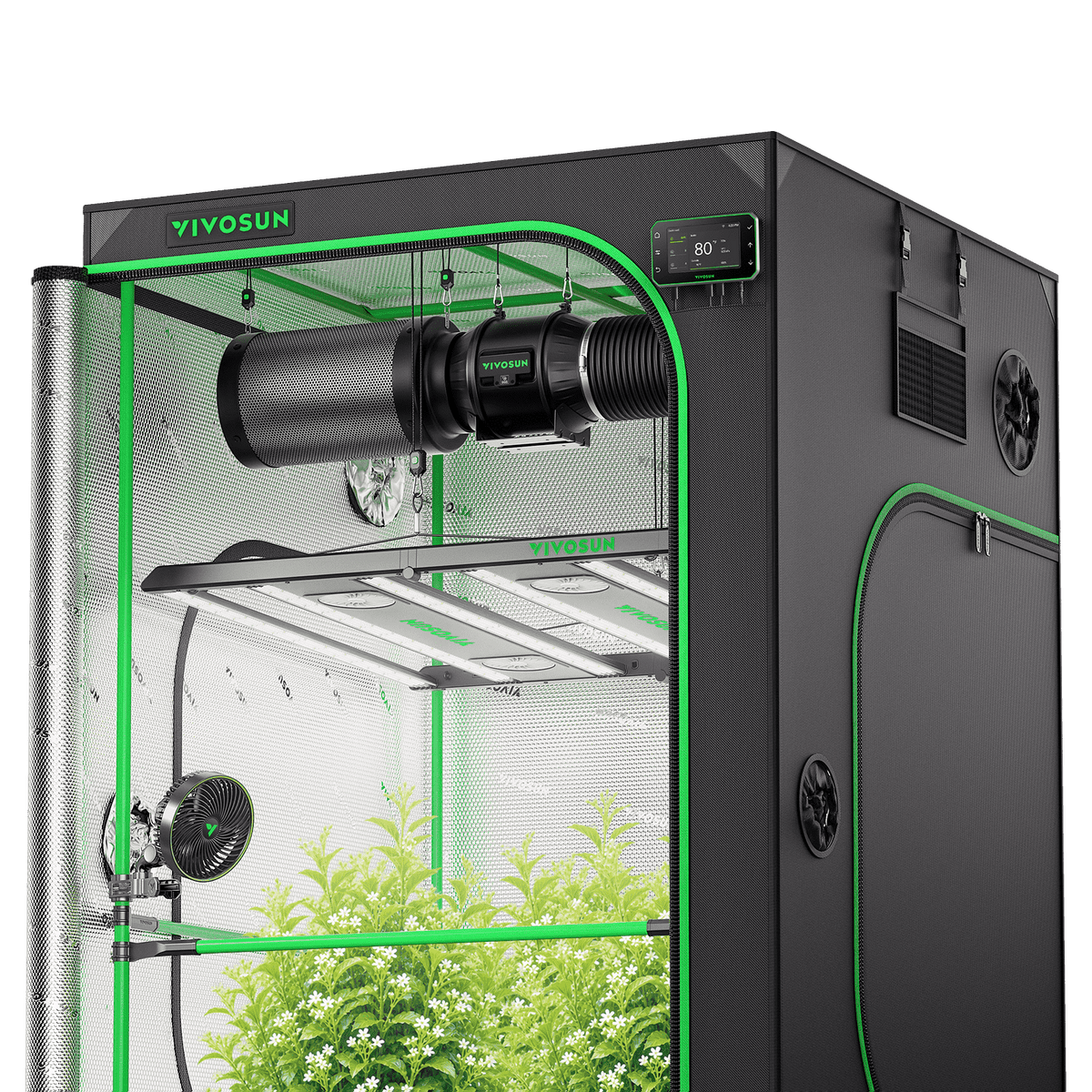 Vivosun Pro G2 Growbox Komplettset 120x120x200cm 550W – Produkt- und Anwendungsansicht, Pflanzen als Beispiel