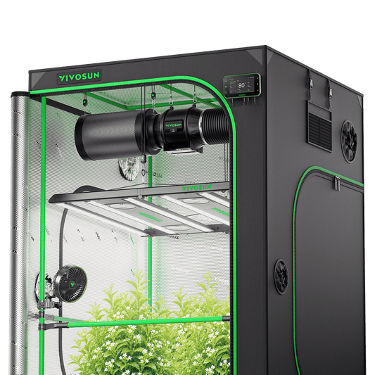 Vivosun Pro G2 Growbox Komplettset 120x120x200cm 550W – Produkt- und Anwendungsansicht, Pflanzen als Beispiel