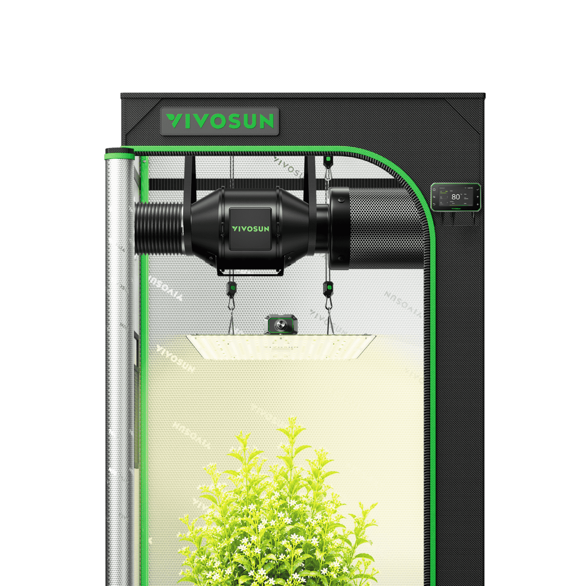 Vivosun G2 Growbox Komplettset 70x70x160cm 150W – Produkt- und Anwendungsansicht, Pflanzen als Beispiel