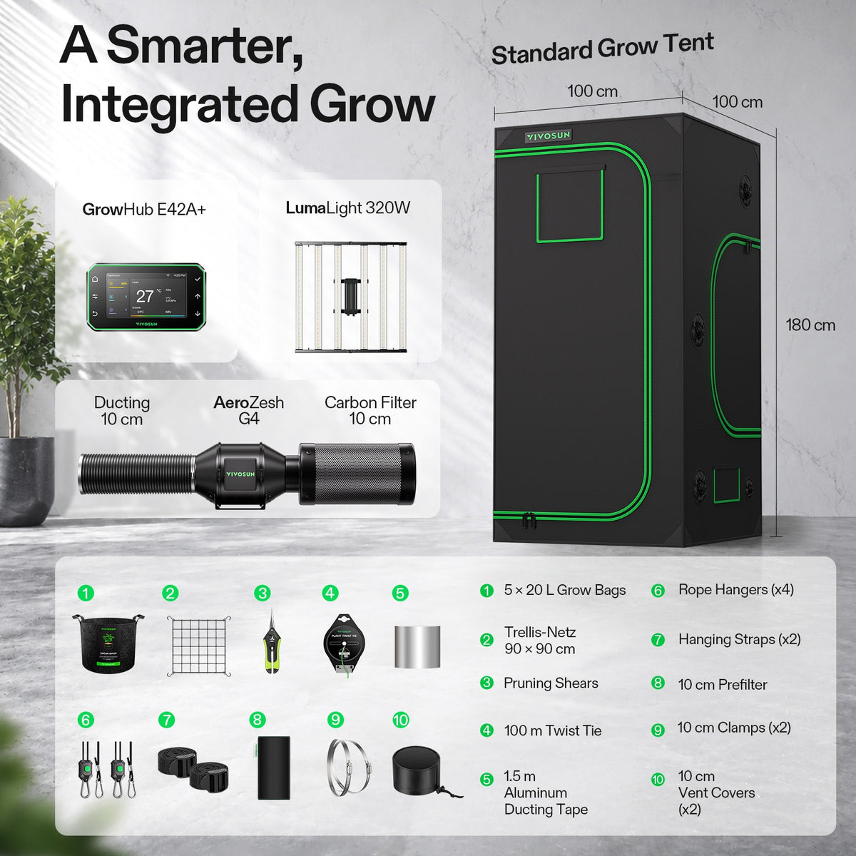 Vivosun G2 Growbox Komplettset 100x100x180cm 320W – Lieferumfang und Komponenten