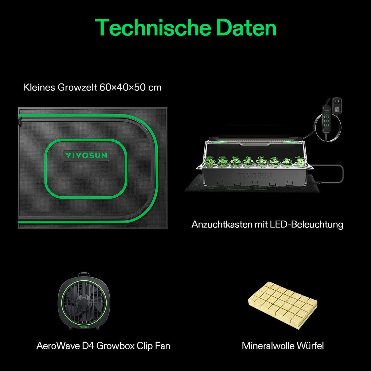 Vivosun Anzucht-Komplettset 60x40x50cm mit LED – Lieferumfang und Komponenten